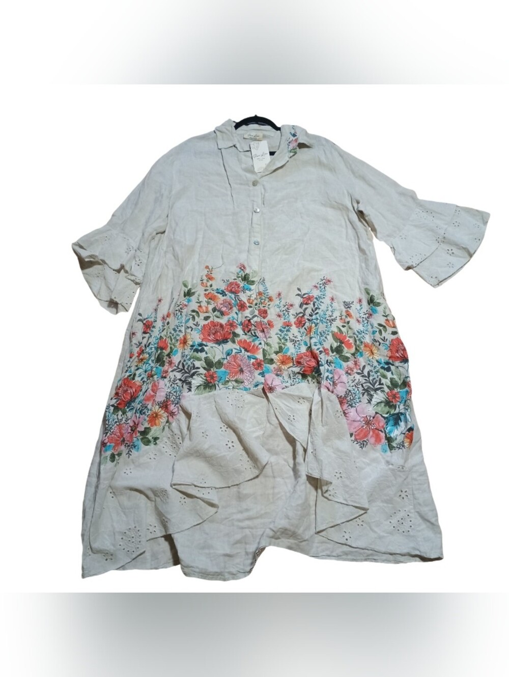 Pure Lino Floral Embroidered Linen Tunic Top NWT Button Front Boho Cottagecore